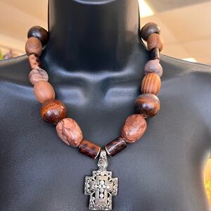 Silver and Brown Beaded Necklace with Cross Pendant